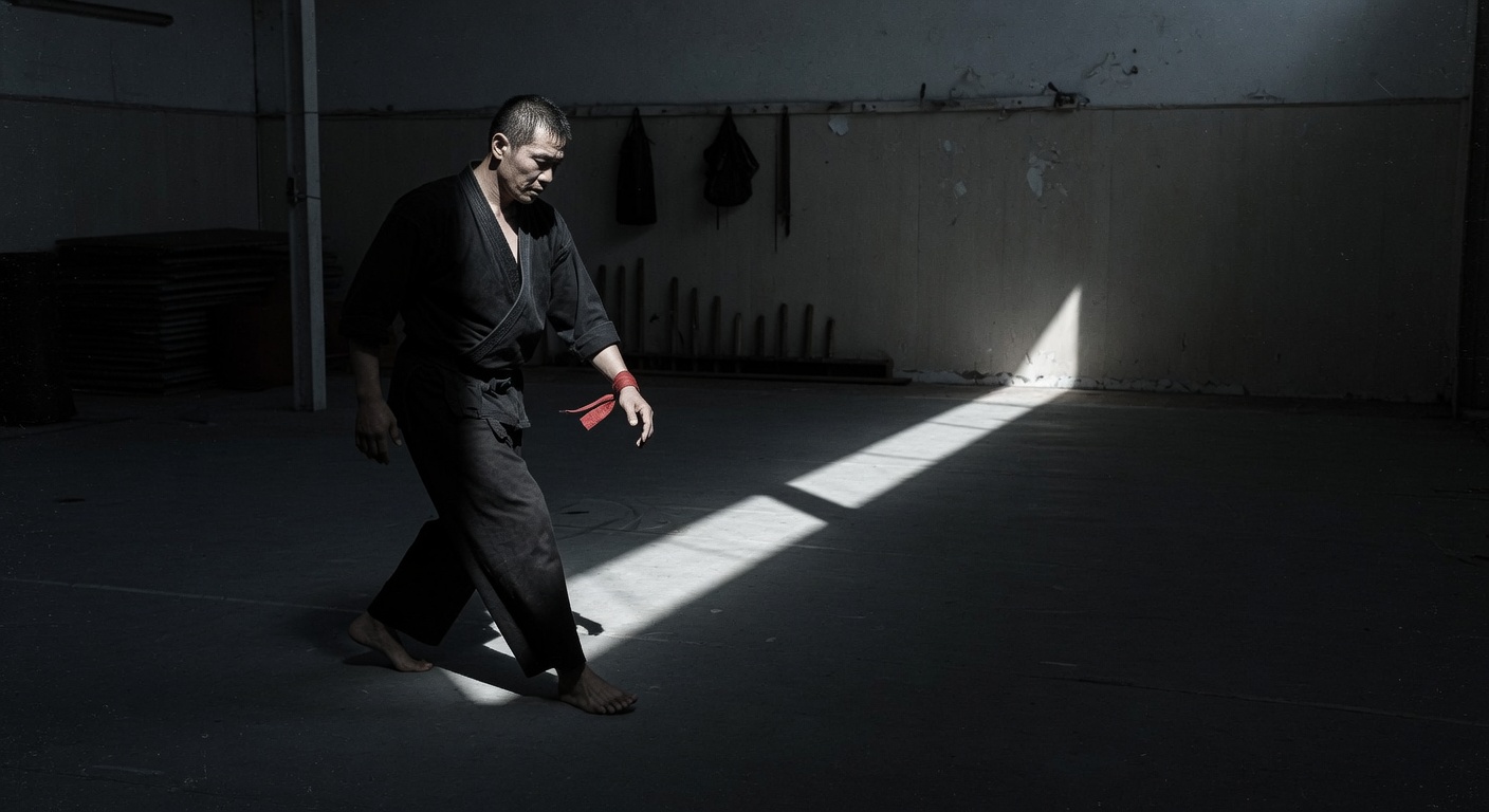 A practitioner stepping from shadow into a shaft of light in a training hall.