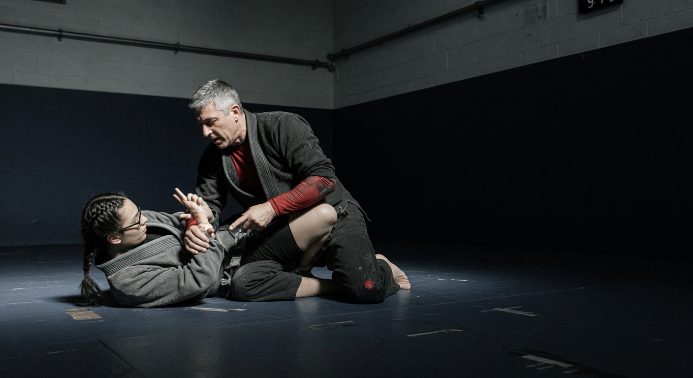 An instructor breaking down a technical ground-grappling position on the mat.