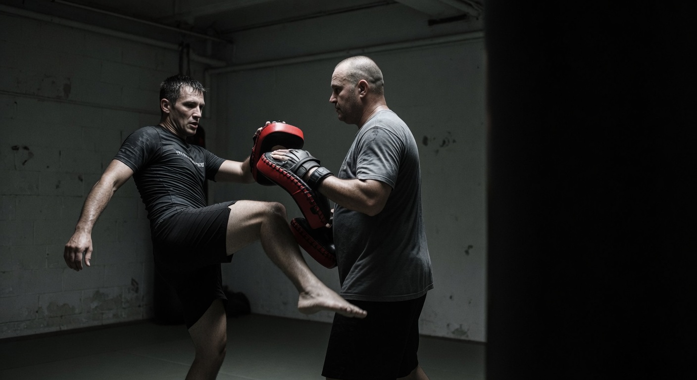 An instructor holding pads as an adult student throws a disciplined kick.